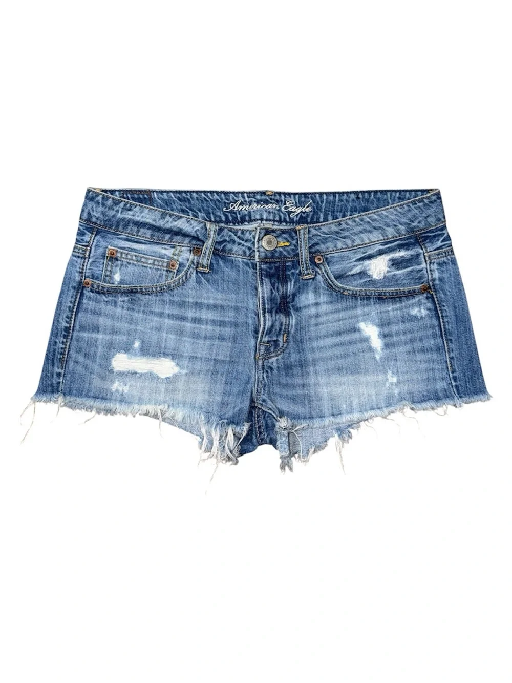 VTG Y2K American Eagle Low Rise Micro Mini Jean Booty Shorts Denim Sz 6 Festival